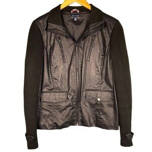 Tommy Hilfiger Women's Size XL Black Vegan Leather and Knit Sleeves Moto Jacket